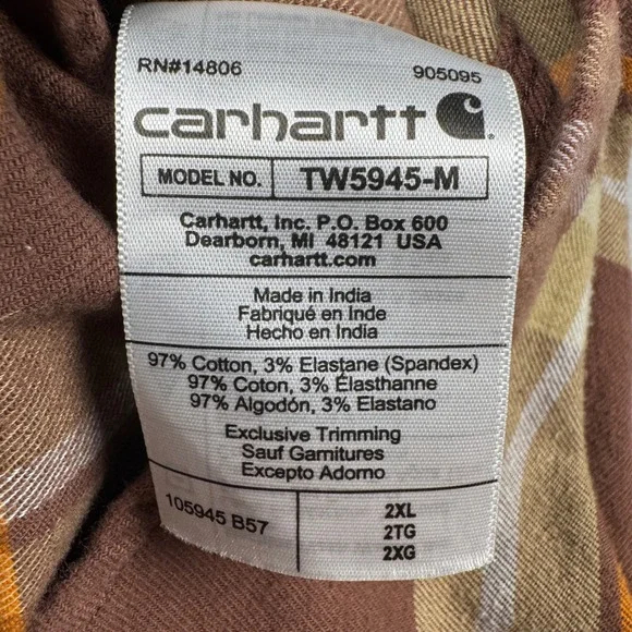 Carhartt Rugged Flex Plaid Flannel Shirt Mens 2XL Brown Orange TW5945-M Relaxed - Picture 4 of 9